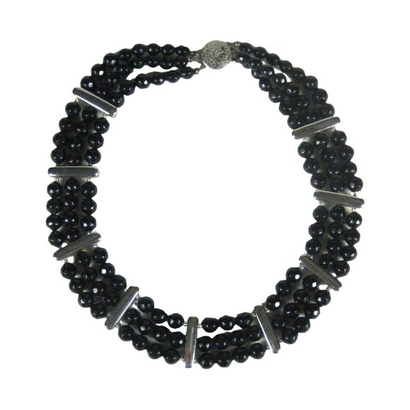 Black Plastic Beaded Collar Necklace 19 Inch Silvertone Vintage 50s Multi-Stran - Picture 2 of 8